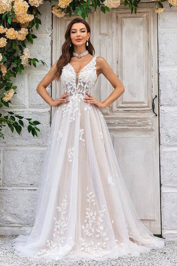 Vestido de Novia A Línea Cuello en V Champán Tul Encaje